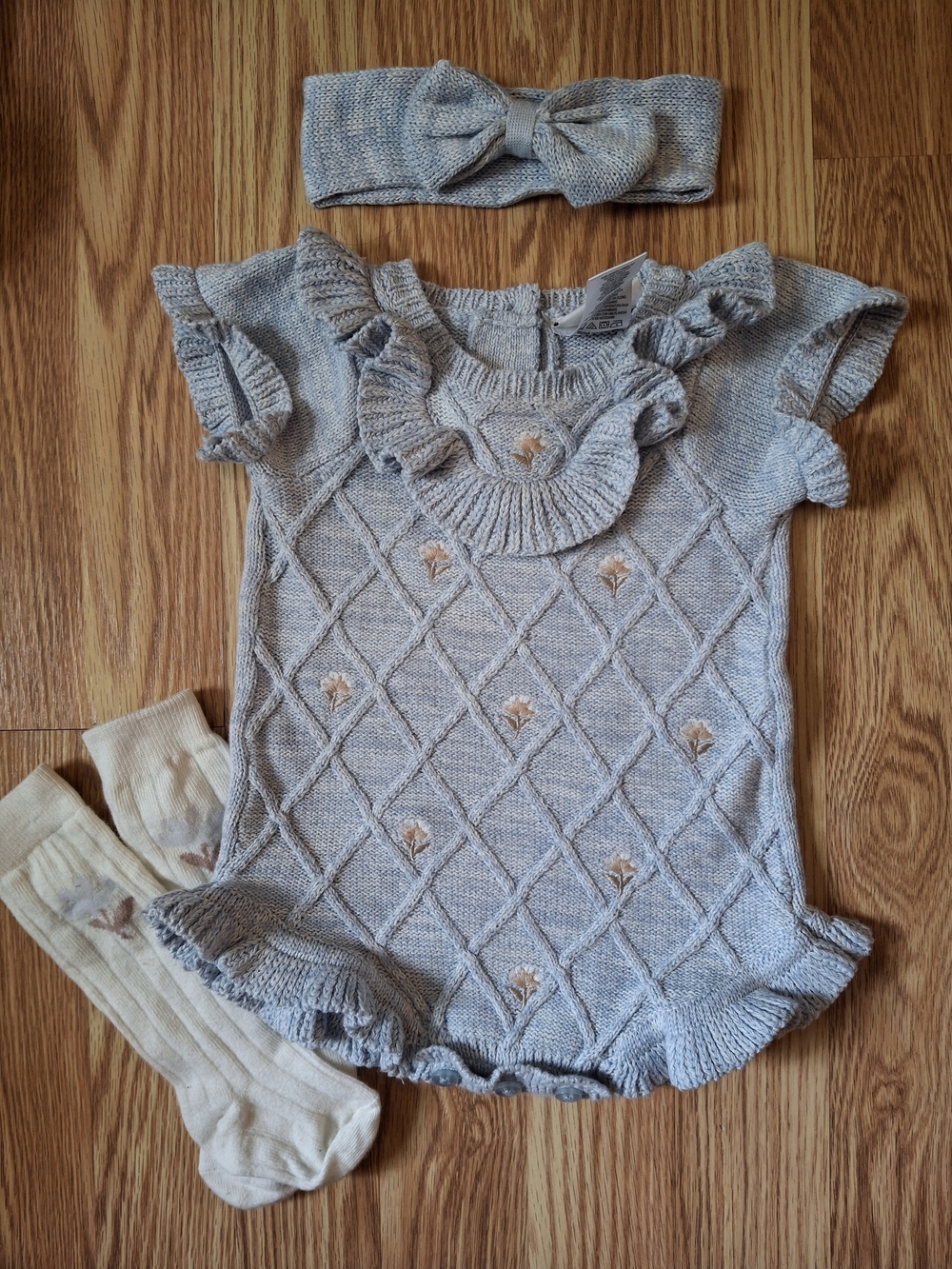 Knit Baby Romper with Headband and Socks - Light Gray & Cream Accents 3-6 Months